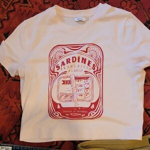 Pink Xs Tee with Red Sardine Graphic